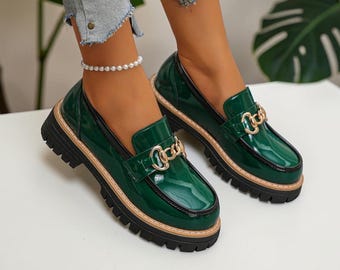 Chunky Green Patent Leather Loafers for Women Platform Slip On Shoes with Gold Chain Detail