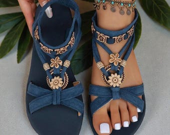 Boho Flower Sandals for Women Denim Elastic Flat Summer Sandals Comfortable Beach Gladiator Sandals Casual Slip On Shoes