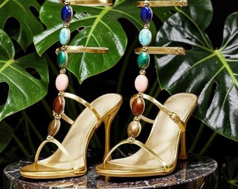 Gold Gemstone Strappy Heels Women's Colorful Beaded High Heel Sandals Luxury Statement Evening Shoes
