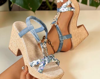 Boho Platform Wedge Sandals for Women Denim Braided Straps Summer Heels Beach Espadrille Shoes