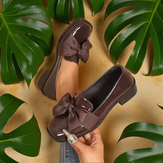 Brown Patent Leather Loafers with Bow Women's Slip On Dress Shoes Elegant Chunky Heel Flats