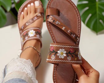 Boho Floral Embroidered Leather Sandals Women’s Summer Slip On Flat Beach Shoes Handmade Casual Footwear