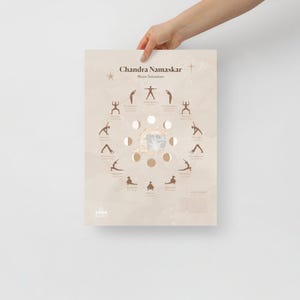 Puede incluir: Un póster beige con el texto "Chandra Namaskar Moon Salutation" e ilustraciones de posturas de yoga dispuestas en un patrón circular alrededor de un gráfico de la luna. El póster está sostenido por una persona.