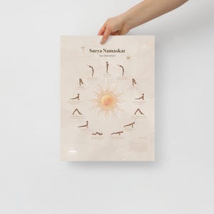 Peut inclure: Une affiche beige avec le texte "Surya Namaskar Sun Salutation" et des illustrations de postures de yoga. L'image centrale est un soleil avec des rayons. L'affiche est tenue par une main.