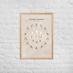 May include: A framed poster with a light wood frame. The poster features a beige background with a circular design of yoga poses around a moon phase illustration. The text "Chandra Namaskar Moon Salutation" is at the top.