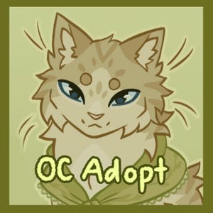 Puede incluir: Ilustración digital de un gato con pelaje marrón y marrón, ojos azules y un collar verde. El texto "OC Adopt" se muestra en una fuente amarilla y burbujeante. La obra de arte tiene un estilo suave y de dibujos animados y está ambientada sobre un fondo verde claro.
