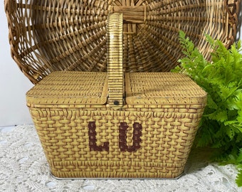 Metal Picnic Basket Tin LU Biscuits Tin Lefevre-Utile Weave Tin Hinged Lids Two Openings Bale Handle Vtg 1930 Litho Lunch Box Collectible