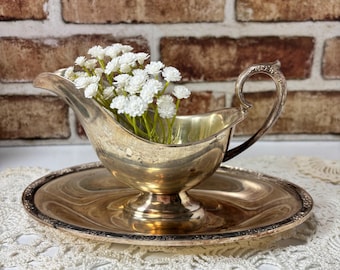 Vintage Roger’s and Bros. Silver-Plate Gravy Boat Attached Underplate Primrose Pattern