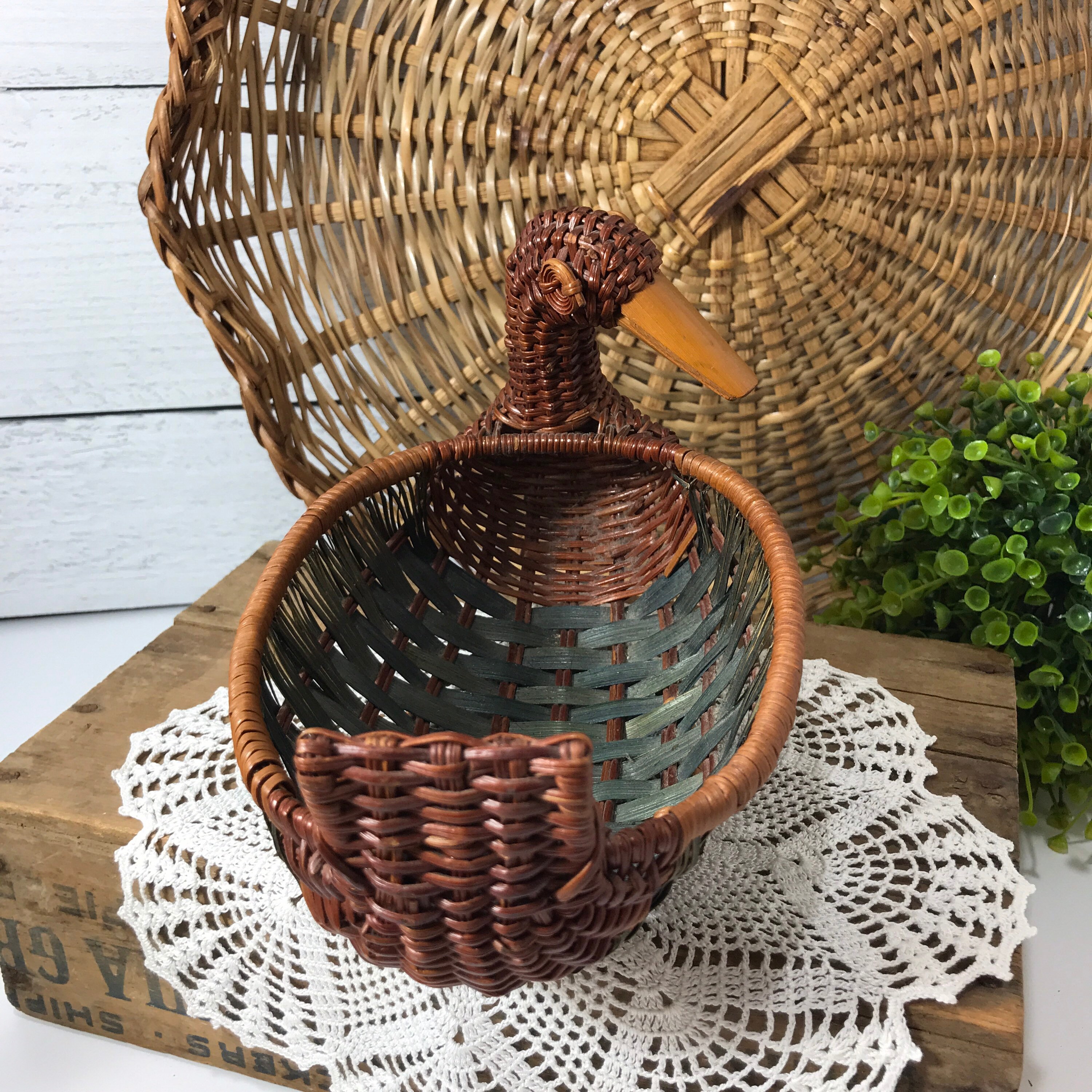 Vintage Wicker Duck Shaped Basket with Wooden Beak Planter Etsy