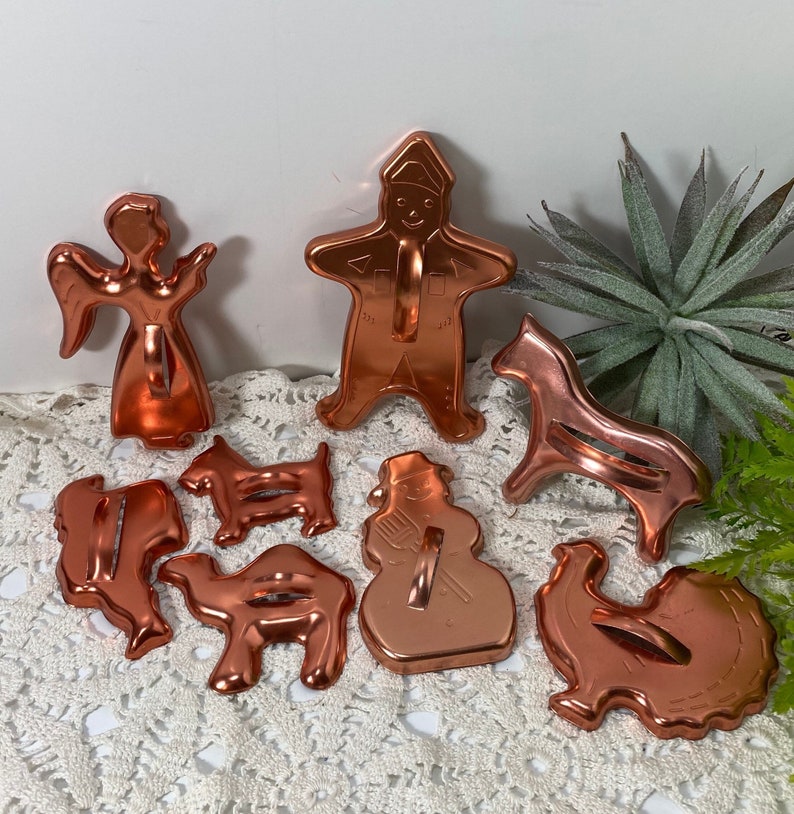 Set of 8 Vintage Copper Aluminum Holiday Cookie Cutters image 1