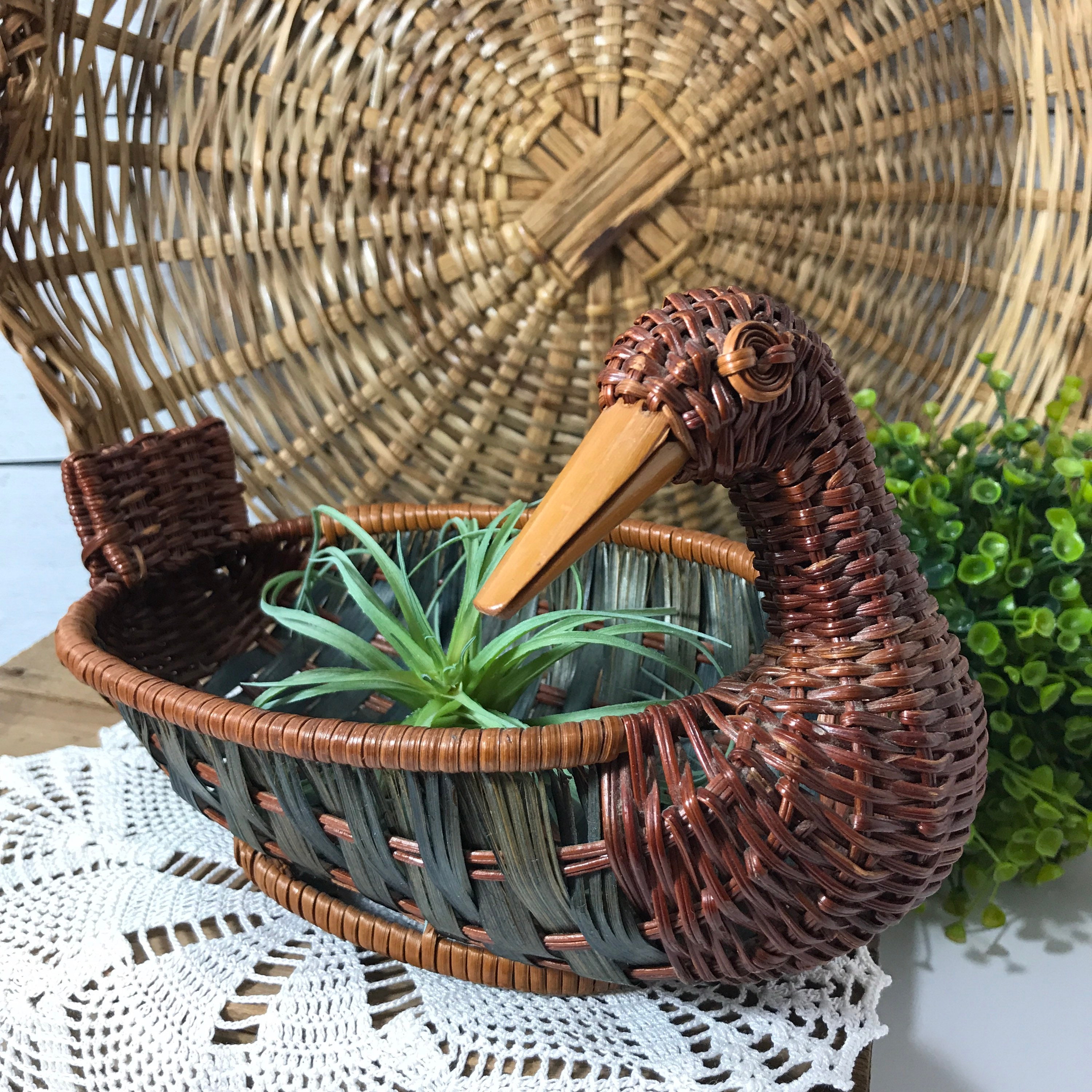 Vintage Wicker Duck Shaped Basket with Wooden Beak Planter Etsy