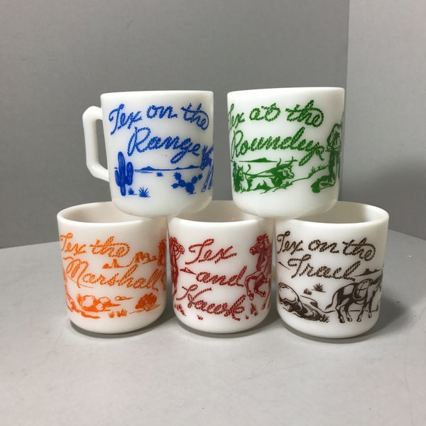 Set of 5 Tex Mugs, Hazel Atlas Milk Glass Mugs, Tex on the Range, Tex at the Roundup, Tex the Marshall,  Tex and Hawk, Tex on the Trail Kids