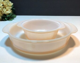 Two Fire King Peach Lustreware Deep Pie Dish Cake Dish with Handles and Small Casserole Dish Baking Dishes 4" and a 8" Ovenware