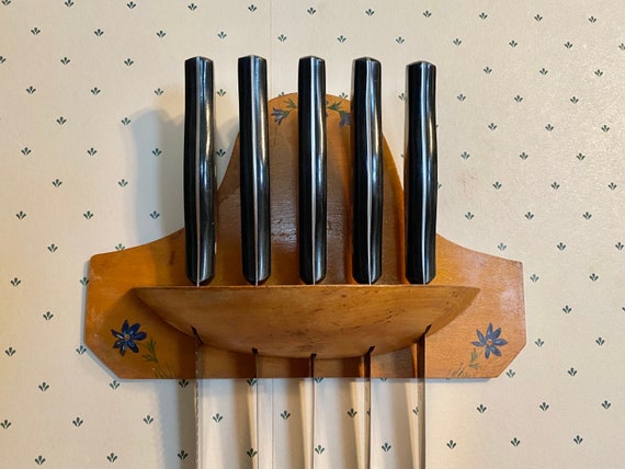Steak Knife Holder Wall Mount Knife Block Mid-century Modern Decorated With  Hand Painted Blue Flowers 5 Steak Knife Holder Vintage Knife 