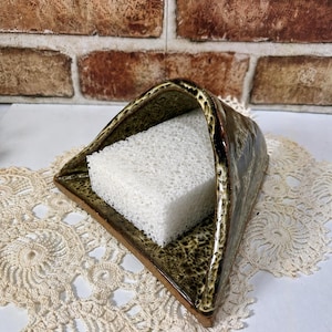 Vintage Triangular Stoneware Sponge Holder: Abstract Dribble Glaze Dish