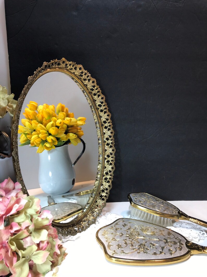 Vintage Oval Ornate Gold Filigree Vanity Mirror Dresser Mirror Etsy