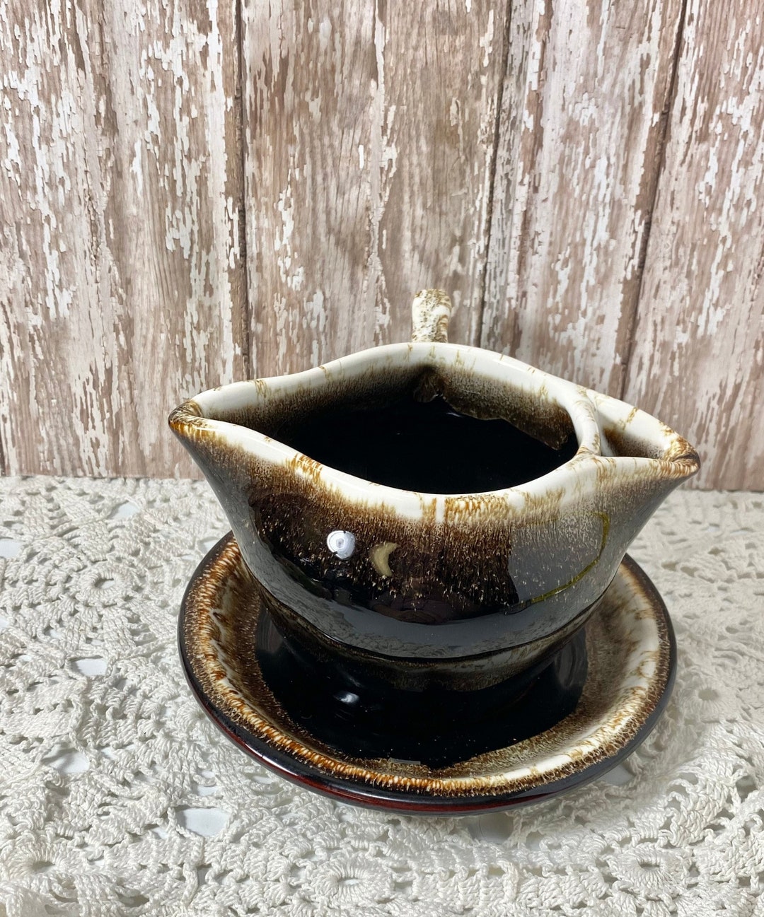 Pfaltzgraff Gravy Boat Separator With Drip Plate Vtg Brown Drip Glaze