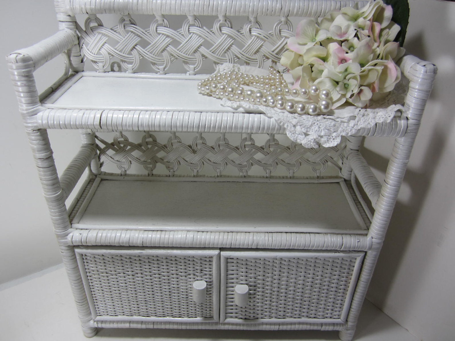 White Heavy Wicker 3 Tier Shelf with Double Doors Wall Hanging Etsy