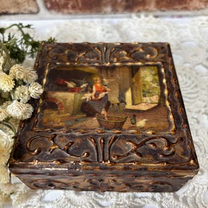 Antique Rustic Italian Wood Box Florentine Gesso Box Renaissance Gilt Hinged Trinket Box Picture of Woman in Colonial Kitchen with Birds