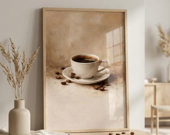 Arte mural minimalista con taza de café, decoración de cocina escandinava, póster de cafetería beige neutro, impresión de café moderna para cocina, descarga digital