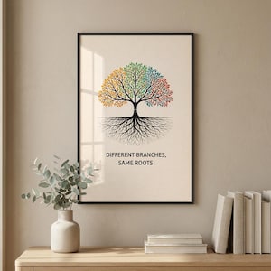 May include: A framed art print showing a tree with rainbow-coloured leaves and black roots. The text "DIFFERENT BRANCHES, SAME ROOTS" is below the tree. The print is displayed on a wooden table with a vase and books.
