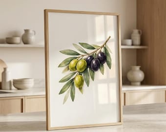 Vintage olijftak aquarelprint, botanische muurkunst, minimalistisch Scandinavisch keukendecor, neutrale olijfkunst afdrukbaar