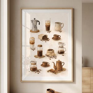 May include: A framed print featuring various coffee preparations. The image showcases a moka pot, iced coffee, a creamer, and a variety of coffee cups and brewing methods. Coffee beans and a wooden scoop are also included, creating a warm, inviting aesthetic.