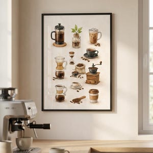 Peut inclure: Une affiche encadrée représentant diverses illustrations liées au café. L'œuvre d'art présente une cafetière à piston, une carafe en verre, un sac de grains de café, un moulin à café et une tasse de café glacé. La palette de couleurs comprend des bruns, des crèmes et des verts.