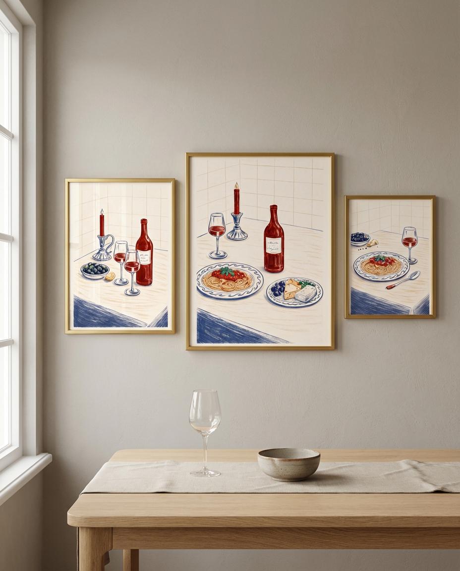 Italian Pasta & Wine Wall Art Set of 3 Prints, Mediterranean Kitchen ...