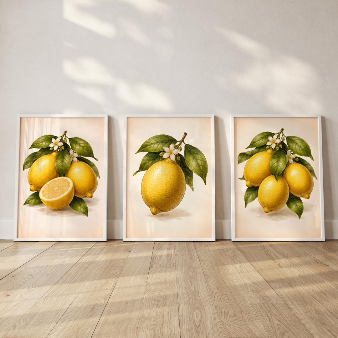 Set of 3 Vintage Lemon Botanical Prints, Scandinavian Kitchen Art ...