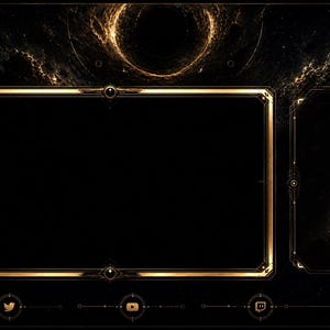May include: A digital overlay with a black and gold art deco design. The overlay features a large rectangular frame, a smaller vertical frame, and social media icons. The background has a cosmic, galaxy-like pattern.