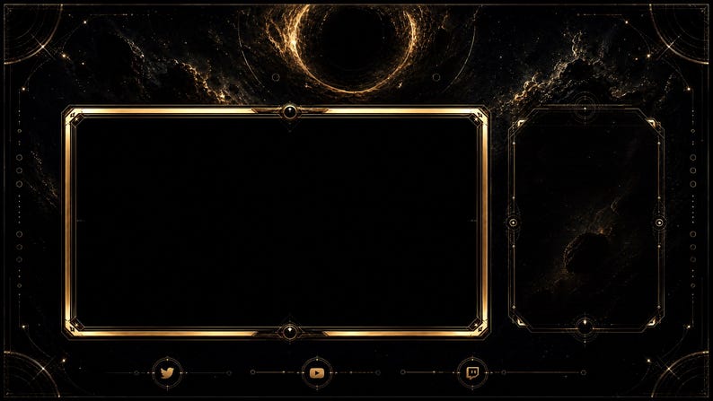 May include: A digital overlay with a black and gold art deco design. The overlay features a large rectangular frame, a smaller vertical frame, and social media icons. The background has a cosmic, galaxy-like pattern.