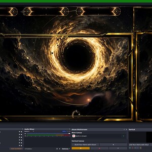 May include: A digital overlay for streaming, featuring a cosmic design with a black hole at the center. The frame is gold, with a dark background and a vertical panel on the right. The overall theme is space and gaming.