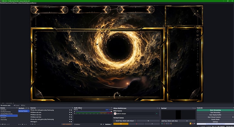 May include: A digital overlay for streaming, featuring a cosmic design with a black hole at the center. The frame is gold, with a dark background and a vertical panel on the right. The overall theme is space and gaming.