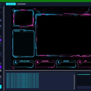 May include: A digital streaming overlay interface featuring a dark background with neon blue and pink glowing borders. The layout includes a large central frame, side panels for live chat and event logs, and bottom icons for followers, subscribers, and donations.