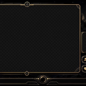 May include: A digital overlay design with a dark, space-themed aesthetic. The layout features a large, transparent central area, framed by a gold-colored border. Additional elements include a smaller display area, user profile sections, and a cosmic background with a swirling galaxy.