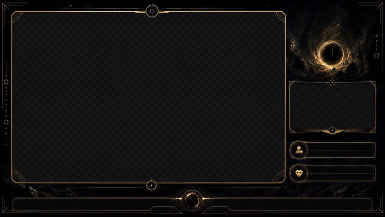 May include: A digital overlay design with a dark, space-themed aesthetic. The layout features a large, transparent central area, framed by a gold-colored border. Additional elements include a smaller display area, user profile sections, and a cosmic background with a swirling galaxy.