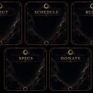 May include: Five dark, square panels with gold trim and text. The text on the panels reads "ABOUT", "SCHEDULE", "RULES", "SPECS", and "DONATE". Each panel has a circular design at the top and bottom.