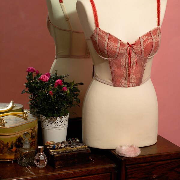 Reserved for Viktoria - Vintage Biege Red Lingerie Crop Top - U.K 34B, Dead Stock