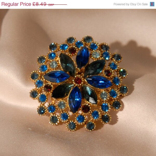 VALENTINES SALE 1960s Vintage Blue Diamante Brooch, Flower Design, Glass, Gold Tone, Retro