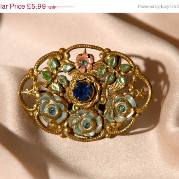 VALENTINES SALE Unusual hand painted 1940s gold tone vintage oval flower brooch with blue glass stone