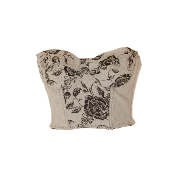 Vintage Grey Jersey Bustier With Floral Print. U.K Bra Size 36/38 C Cup.