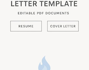 May include: A light beige graphic with the text "RESUME & COVER LETTER TEMPLATE" in dark gray. Below, it reads "EDITABLE PDF DOCUMENTS." Two rectangular boxes say "RESUME" and "COVER LETTER." A blue flame graphic is at the bottom.