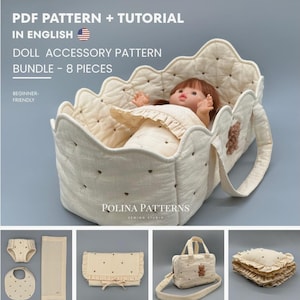 Doll Accessory Pattern Bundle – 8 Pieces- Changing Pad, Diaper Set, Bedding, Carrier & Bag PDF