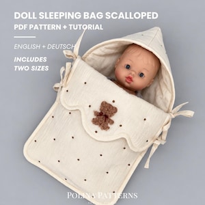 May include: A doll sleeping bag with a scalloped edge, featuring a cream fabric with brown polka dots and a brown teddy bear appliqué. The text reads: DOLL SLEEPING BAG SCALLOPED PDF PATTERN + TUTORIAL, ENGLISH + DEUTSCH, INCLUDES TWO SIZES, POLINA PATTERNS.