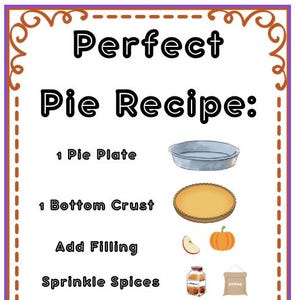 May include: A recipe guide for pie making, featuring the text "Perfect Pie Recipe." The guide includes illustrations of a pie plate, bottom crust, apple slice, pumpkin, spices, and sugar. The border is purple with decorative elements.
