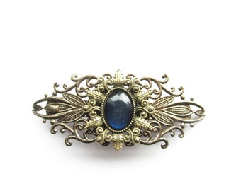 dark blue hair clip, vintage, bronze, art nouveau, hair bar