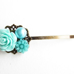 Haarklammer,haarspange,hair pin,hair clip, hochzeit,wedding,Blumen,Vintage-Stil,türkis,aqua Bild 2