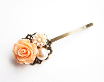 Haarklammer,haarspange,hair pin,hair clip, hochzeit,wedding,Blumen,Vintage-Stil,pfirsich,peach