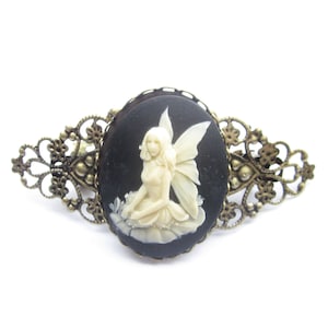 Elf hair clip, vintage, bronze, Art Nouveau, hair barrette, black cream (155)